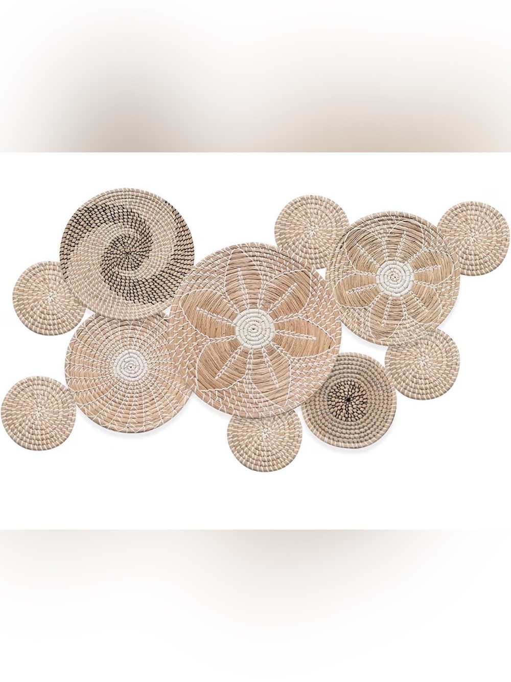 Handwoven Rattan Wall Basket Set of 11 - Natural and White